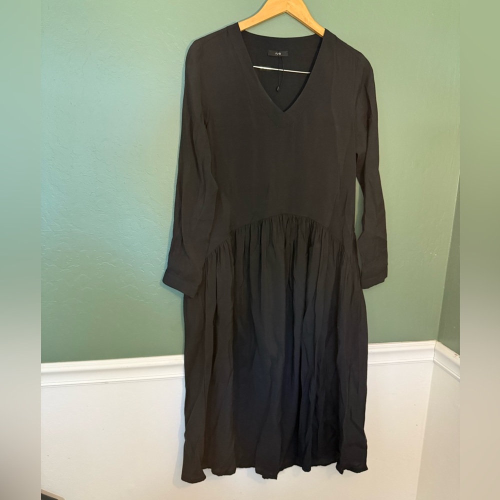 Ruti Black Long Sleeve Midi Dress with Gathered Waist Size S